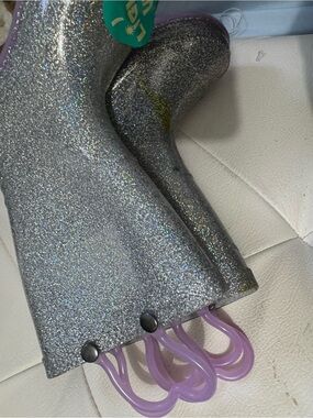 Rachel Silver Glitter Platform Rain Boots with Lavender Pull Loops